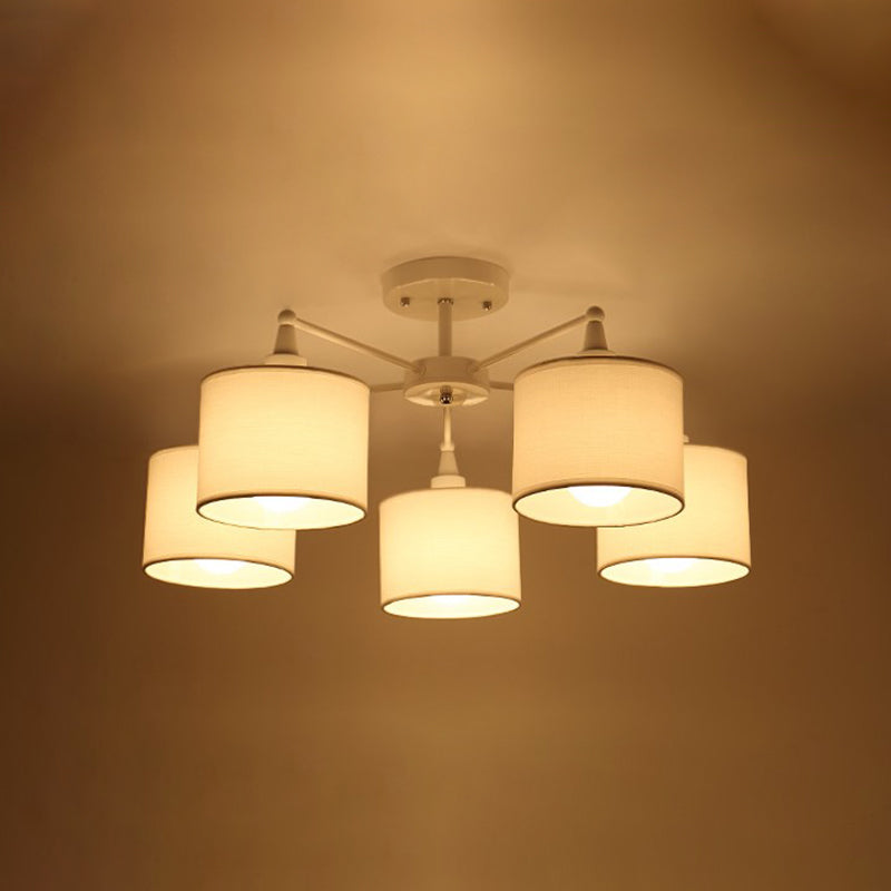 Nordic Fabric Semi Flush Mount Lamp in White - 5-Bulb Bedroom Ceiling Chandelier