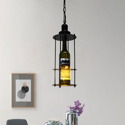 Lampe suspendue en forme de bouteille de vin vintage avec cage métallique - Lampe suspendue en verre noir