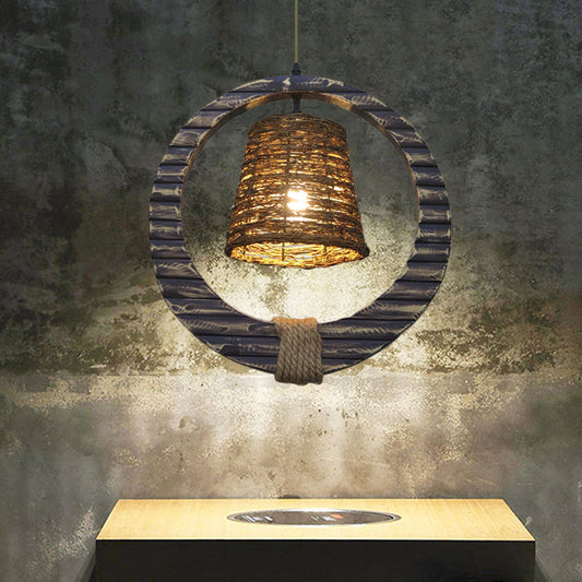Suspension en rotin vintage : lampe à suspension conique noire avec corde de chanvre et accent en bois
