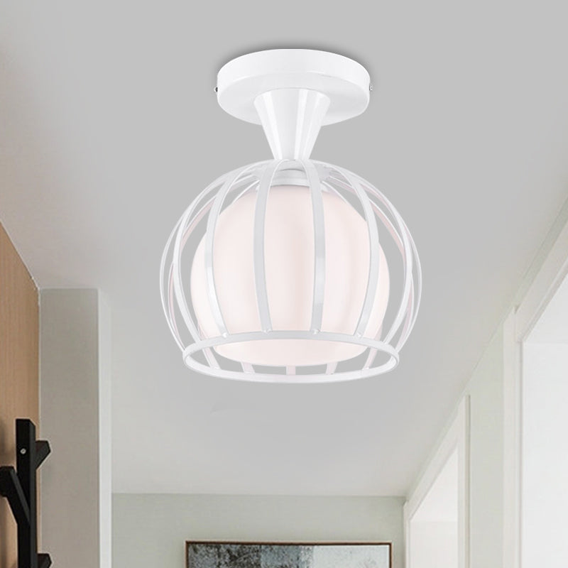 Modern Opal Glass Ceiling Mount Light - Half Globe Semi Flush - White - with Wire Cage Guard