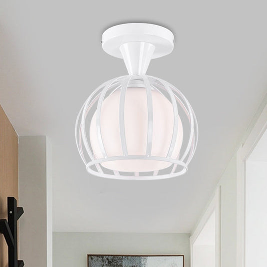 Modern Opal Glass Ceiling Mount Light - Half Globe Semi Flush - White - with Wire Cage Guard