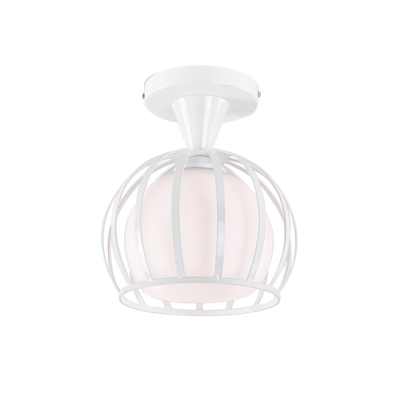 Modern Opal Glass Ceiling Mount Light - Half Globe Semi Flush - White - with Wire Cage Guard