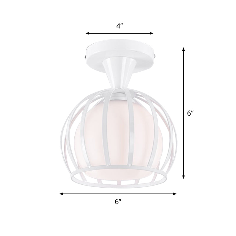 Modern Opal Glass Ceiling Mount Light - Half Globe Semi Flush - White - with Wire Cage Guard