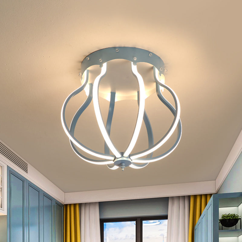 Macaron Style Aluminum LED Ceiling Light - Yellow/Blue Pear Cage Semi Flush Mount for Bedroom (Warm/White Light)
