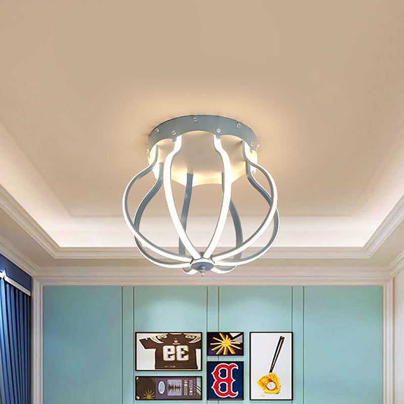 Macaron Style Aluminum LED Ceiling Light - Yellow/Blue Pear Cage Semi Flush Mount for Bedroom (Warm/White Light)