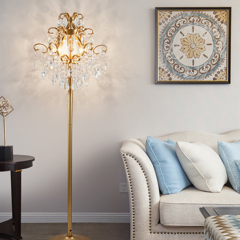 Contemporary Gold Cascading Floor Light - Crystal 1-Head Standing Lamp For Parlor
