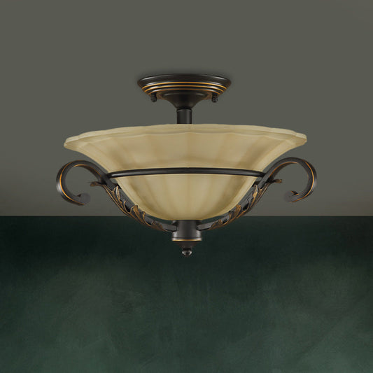 Bronze Bell Shaped Flush Lamp with Ribbed Opal Glass – 3-Head Corridor Ceiling Light