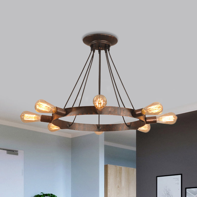 Lustre suspendu à 8 ampoules de style industriel en métal avec ampoules apparentes, marron