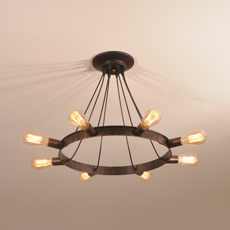 Lustre suspendu à 8 ampoules de style industriel en métal avec ampoules apparentes, marron