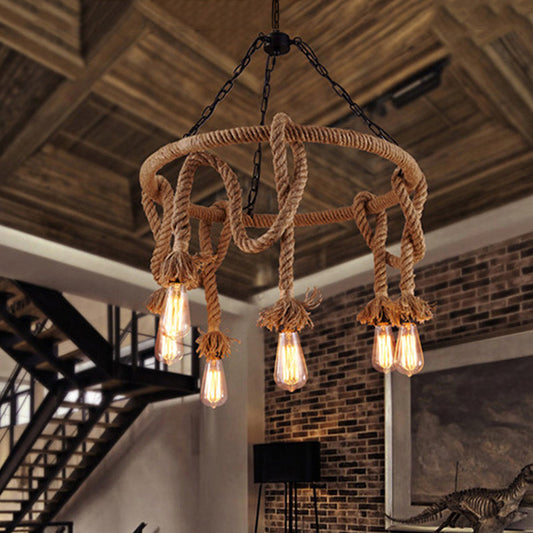 Lustre suspendu en corde de chanvre marron - Plafonnier de campagne à 6 lumières pour restaurant