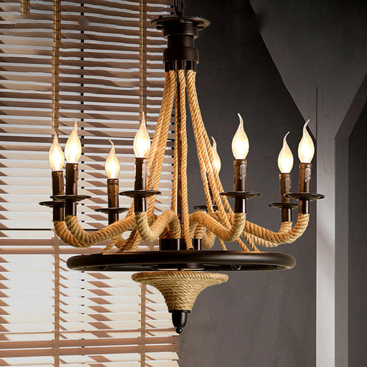 Lustre à bougie en corde à 8 ampoules Farmhouse en noir avec design à roulettes - Idéal pour les restaurants