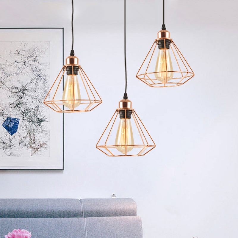 Rose Gold Iron Loft Style Dining Room Ceiling Lamp with Diamond Cage - 3 Heads, Multi Hanging, Round/Linear Canopy