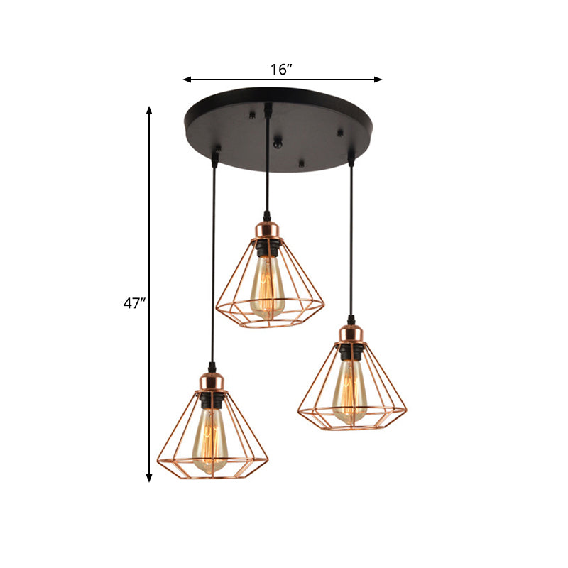 Rose Gold Iron Loft Style Dining Room Ceiling Lamp with Diamond Cage - 3 Heads, Multi Hanging, Round/Linear Canopy