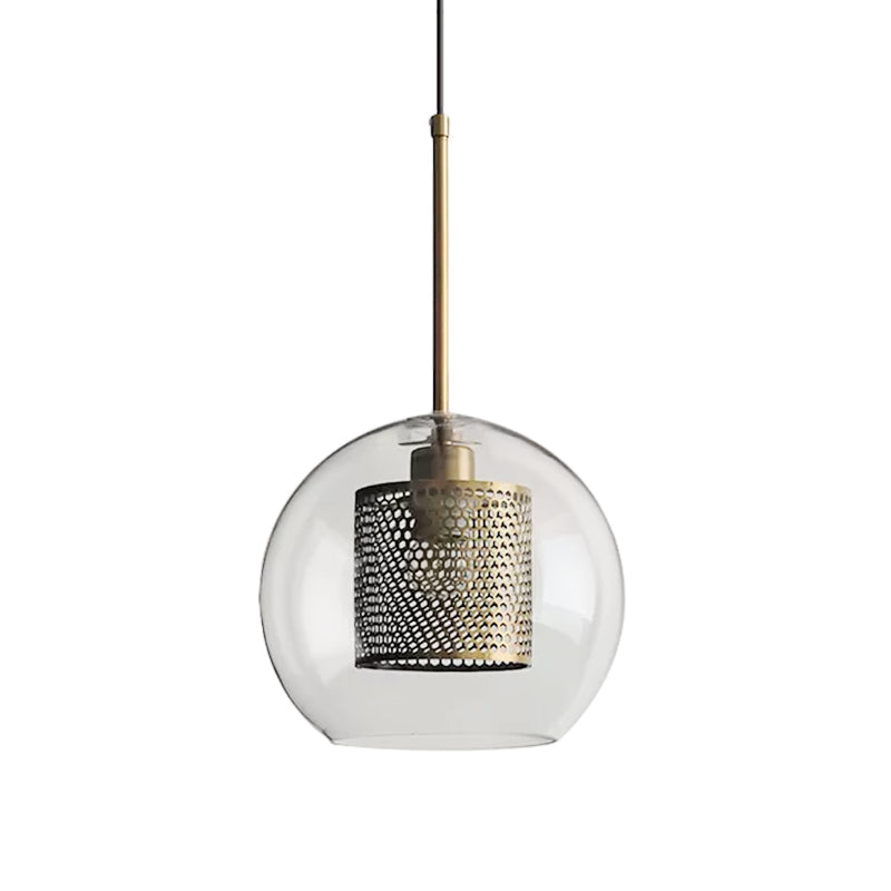 Cylindrical Colonial Metal Mesh Bedroom Pendant Light With Clear Glass Shade Bronze/Silver Gray