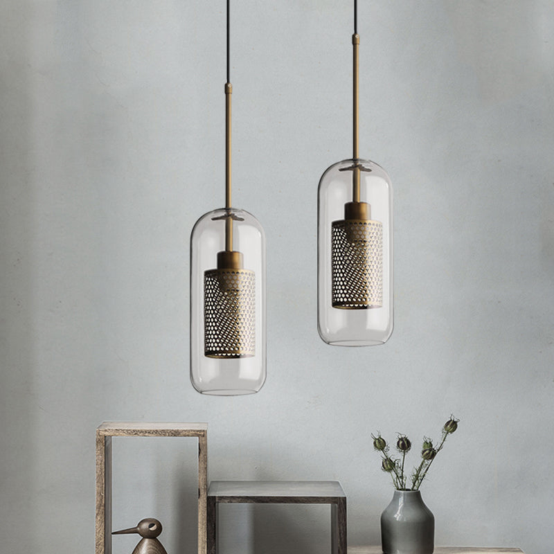 Bronze Colonial Metal Mesh Pendant Lamp With Clear Glass Shade 20.5/24.5 Tall