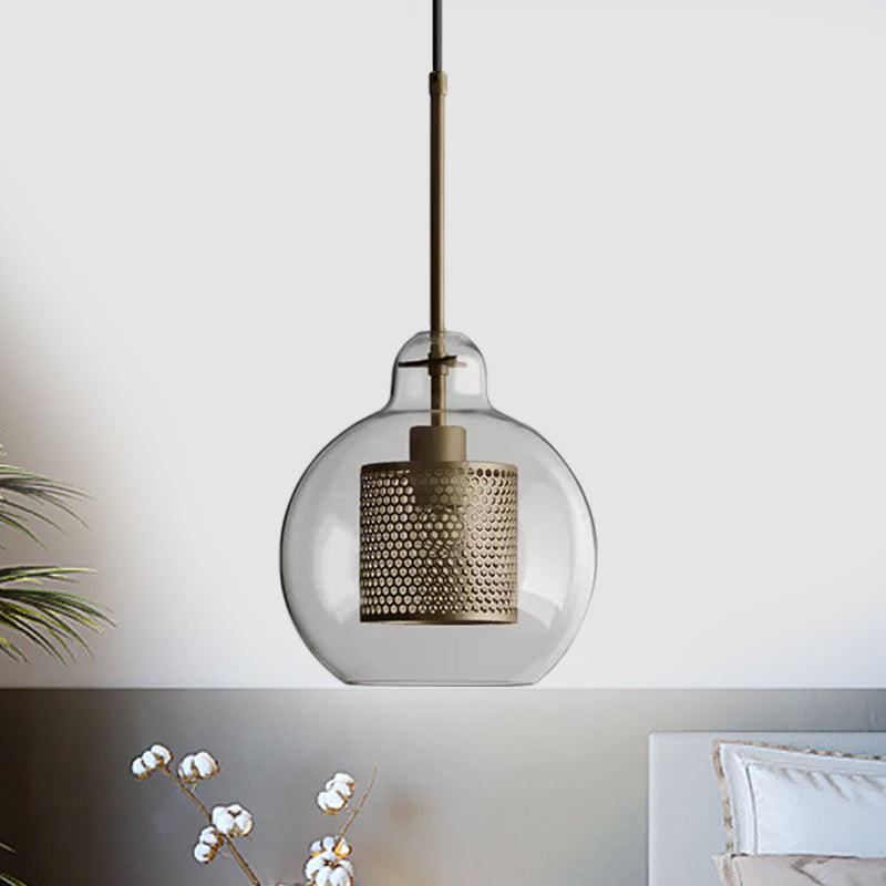 Clear Glass Globe Pendant Colonial 1 Head Restaurant Down Lighting - Bronze/Silver Gray With Metal