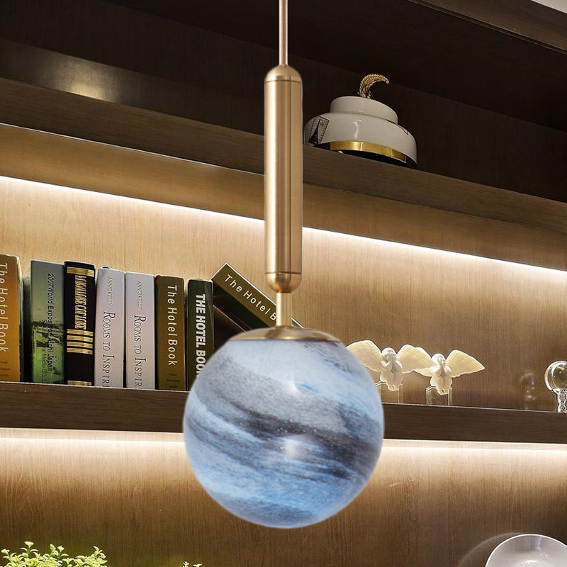 Modern Brass Pendant Bedroom Lamp With Tan/Blue Glass Shade
