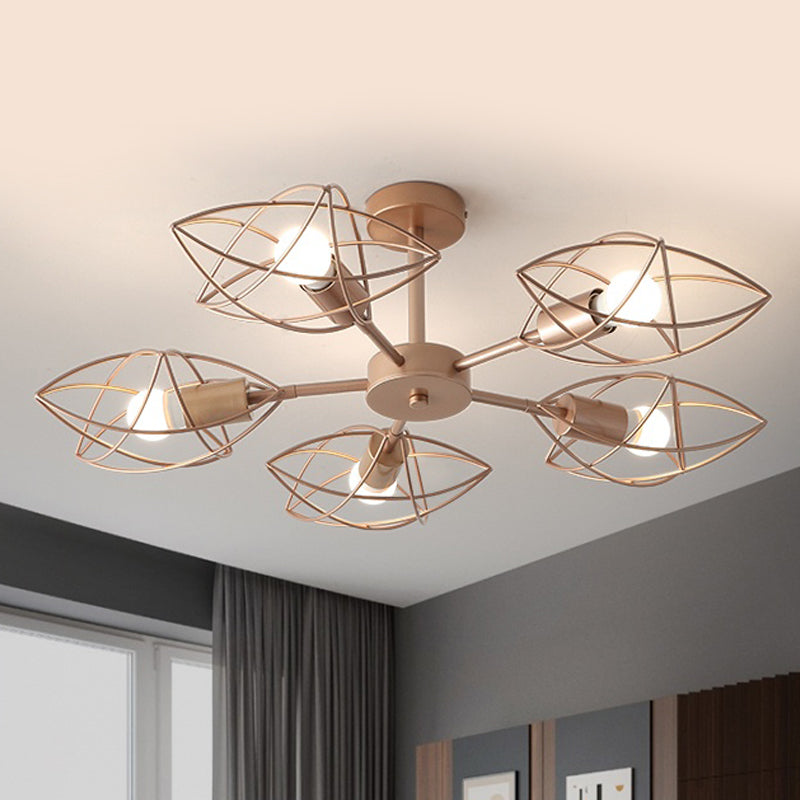 Colonial Iron Star Cage Gold Semi Flush Mount - 5-Light Close to Ceiling Lighting Fixture for Bedroom
