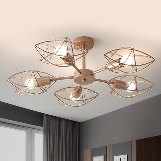 Colonial Iron Star Cage Gold Semi Flush Mount - 5-Light Close to Ceiling Lighting Fixture for Bedroom