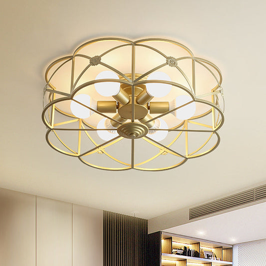 Scalloped Cage Iron Gold Flush Mount with 6 Bulbs - Stylish Colonial Ceiling Light Fixture for Bedrooms