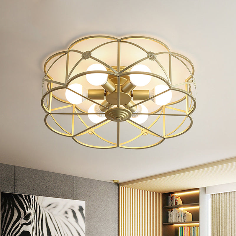 Scalloped Cage Iron Gold Flush Mount with 6 Bulbs - Stylish Colonial Ceiling Light Fixture for Bedrooms