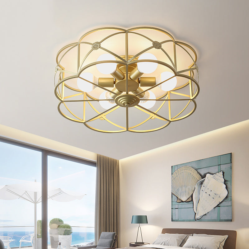 Scalloped Cage Iron Gold Flush Mount with 6 Bulbs - Stylish Colonial Ceiling Light Fixture for Bedrooms