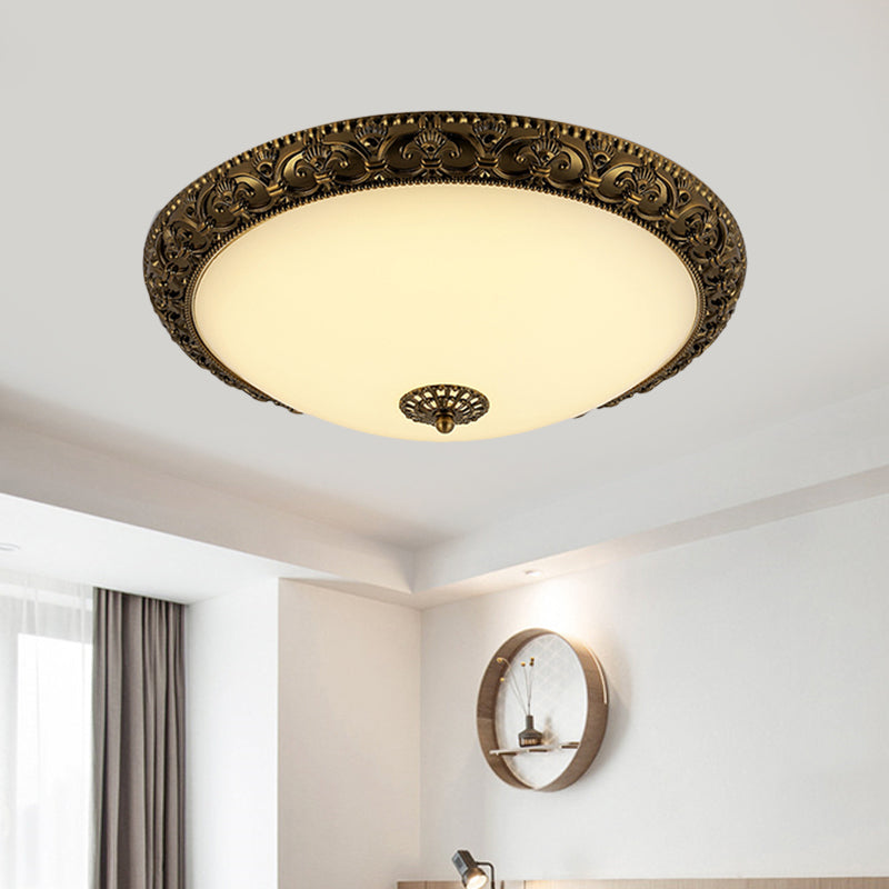 Frosted Glass Ceiling Fixture - Rustic LED Bedroom Flush Mount Lighting in Brass (Bowl Design - 12"/16"/19.5" Width)
