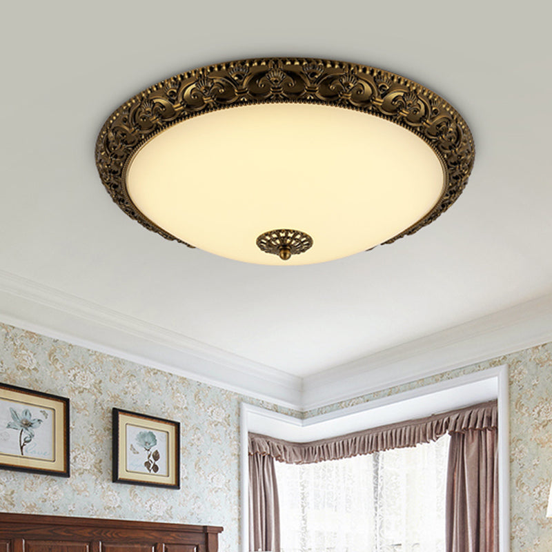 Frosted Glass Ceiling Fixture - Rustic LED Bedroom Flush Mount Lighting in Brass (Bowl Design - 12"/16"/19.5" Width)