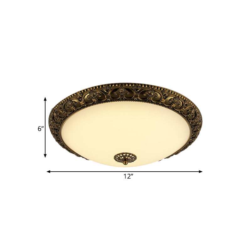 Frosted Glass Ceiling Fixture - Rustic LED Bedroom Flush Mount Lighting in Brass (Bowl Design - 12"/16"/19.5" Width)