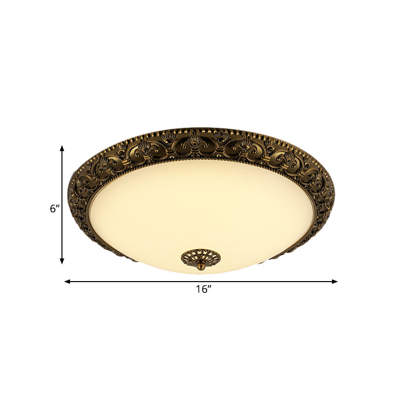 Frosted Glass Ceiling Fixture - Rustic LED Bedroom Flush Mount Lighting in Brass (Bowl Design - 12"/16"/19.5" Width)