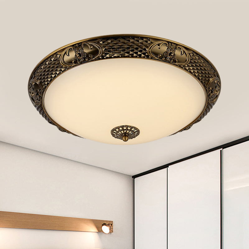 Frosted Glass Ceiling Fixture - Rustic LED Bedroom Flush Mount Lighting in Brass (Bowl Design - 12"/16"/19.5" Width)