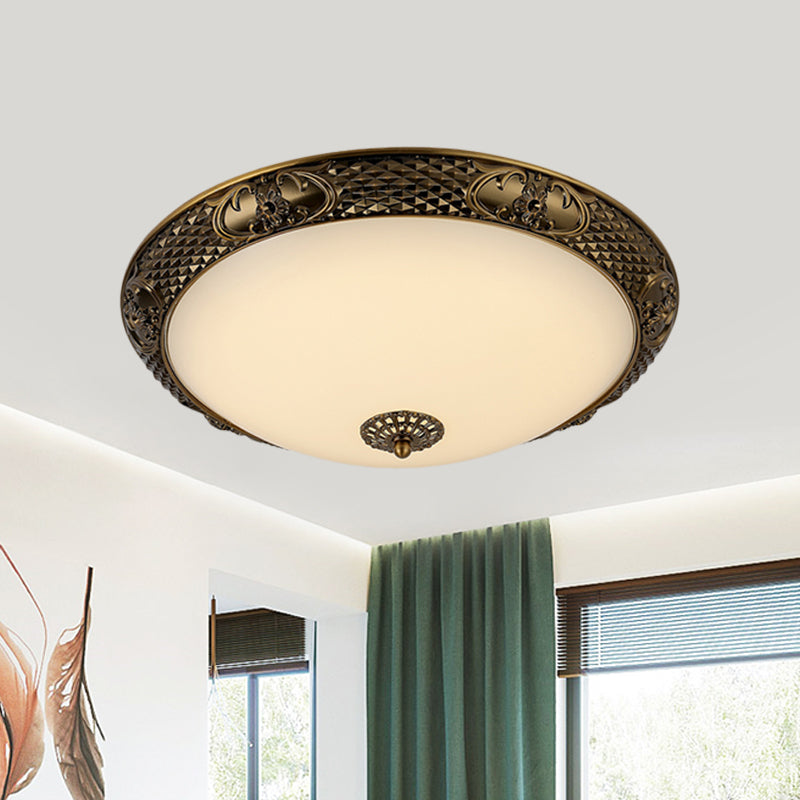 Frosted Glass Ceiling Fixture - Rustic LED Bedroom Flush Mount Lighting in Brass (Bowl Design - 12"/16"/19.5" Width)