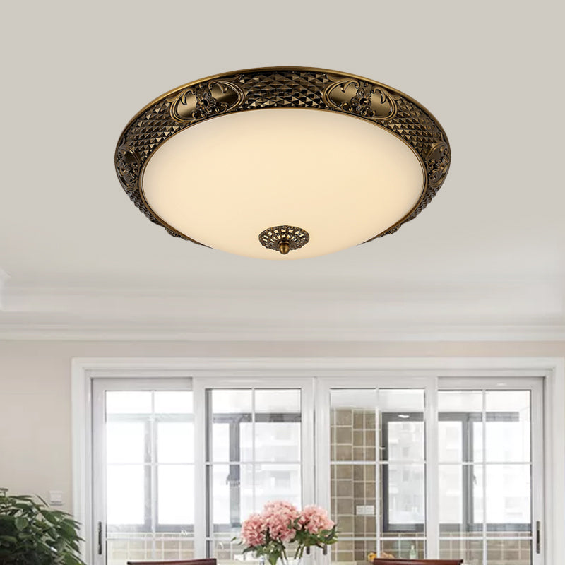 Frosted Glass Ceiling Fixture - Rustic LED Bedroom Flush Mount Lighting in Brass (Bowl Design - 12"/16"/19.5" Width)