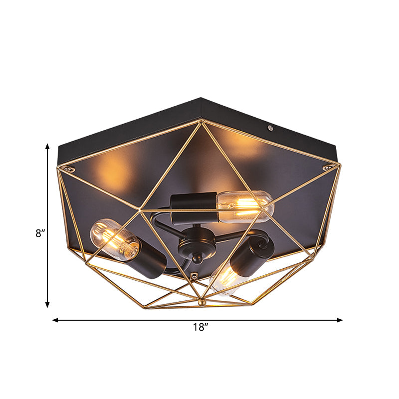Traditional Metal Prism Cage Foyer Ceiling Light – Black Flush Mount Fixture with 3 Heads