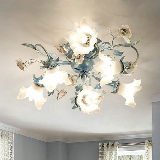 Korean Garden Opal Glass Semi Flush Ceiling Light Fixture - Blue Floral Design, 6/8-Head for Living Room