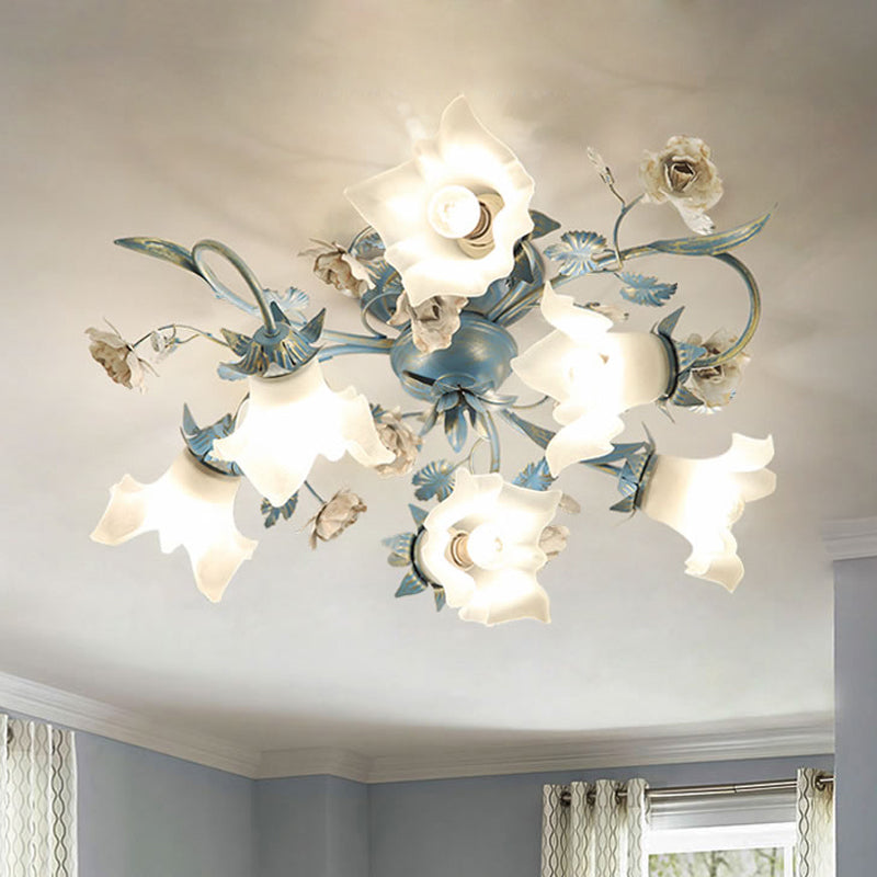 Korean Garden Opal Glass Semi Flush Ceiling Light Fixture - Blue Floral Design 6/8-Head For Living