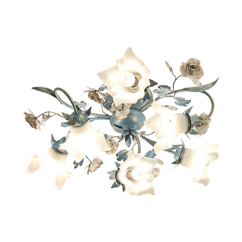Korean Garden Opal Glass Semi Flush Ceiling Light Fixture - Blue Floral Design 6/8-Head For Living