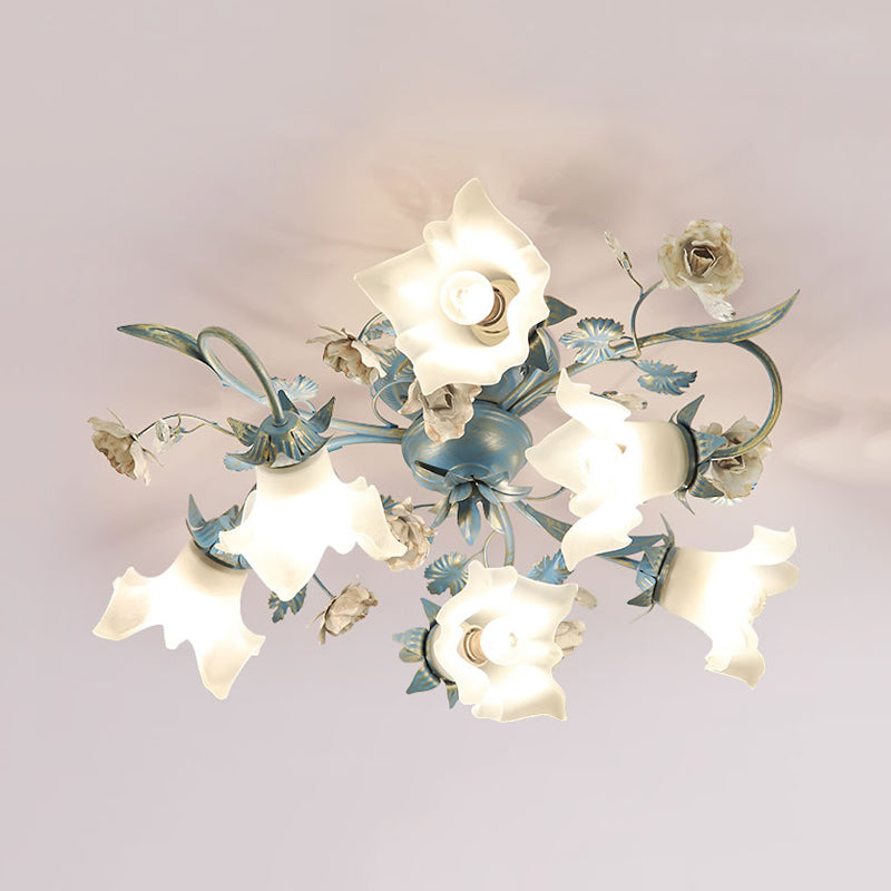 Korean Garden Opal Glass Semi Flush Ceiling Light Fixture - Blue Floral Design 6/8-Head For Living