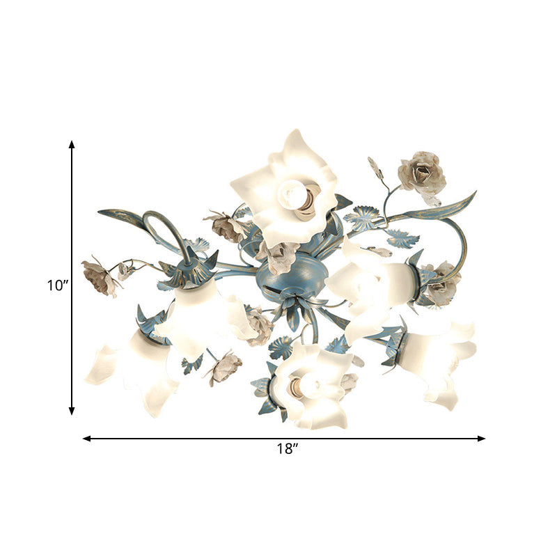 Korean Garden Opal Glass Semi Flush Ceiling Light Fixture - Blue Floral Design 6/8-Head For Living