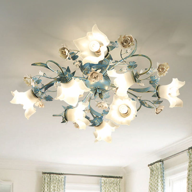 Korean Garden Opal Glass Semi Flush Ceiling Light Fixture - Blue Floral Design 6/8-Head For Living