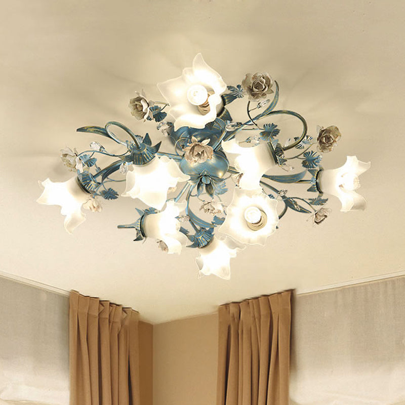 Korean Garden Opal Glass Semi Flush Ceiling Light Fixture - Blue Floral Design 6/8-Head For Living