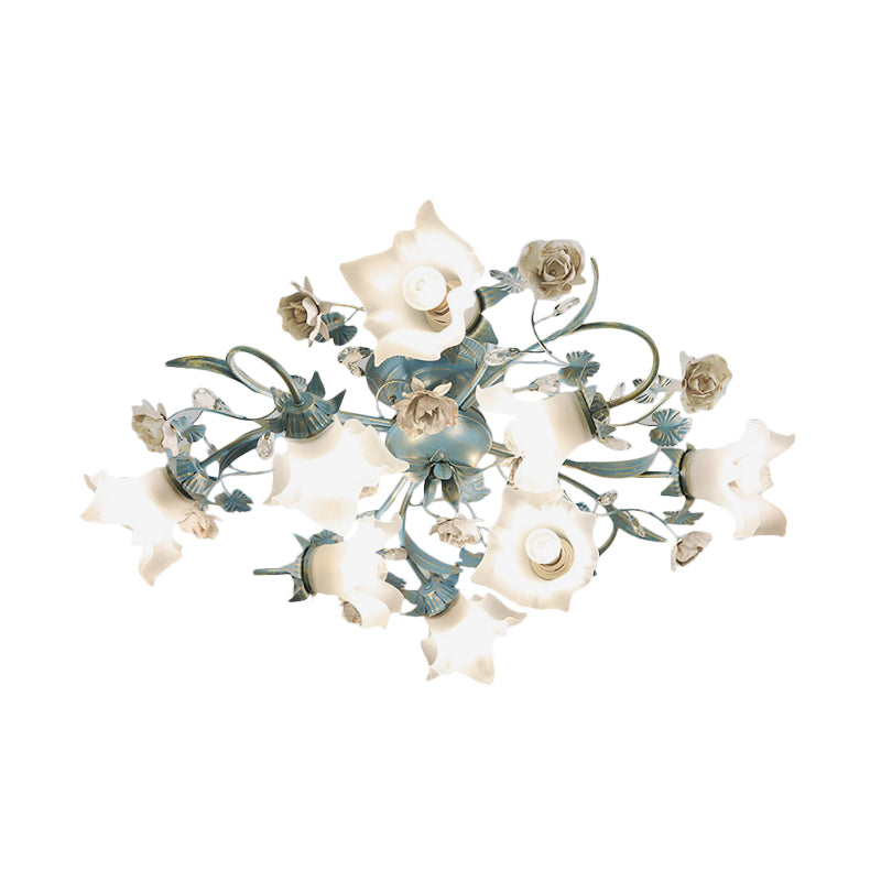 Korean Garden Opal Glass Semi Flush Ceiling Light Fixture - Blue Floral Design 6/8-Head For Living
