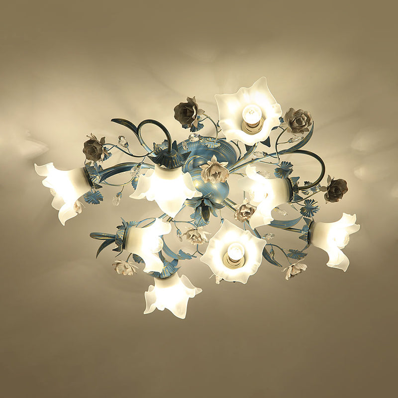 Korean Garden Opal Glass Semi Flush Ceiling Light Fixture - Blue Floral Design, 6/8-Head for Living Room
