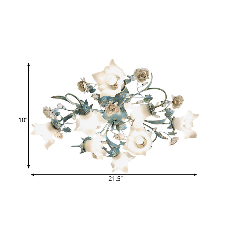 Korean Garden Opal Glass Semi Flush Ceiling Light Fixture - Blue Floral Design 6/8-Head For Living