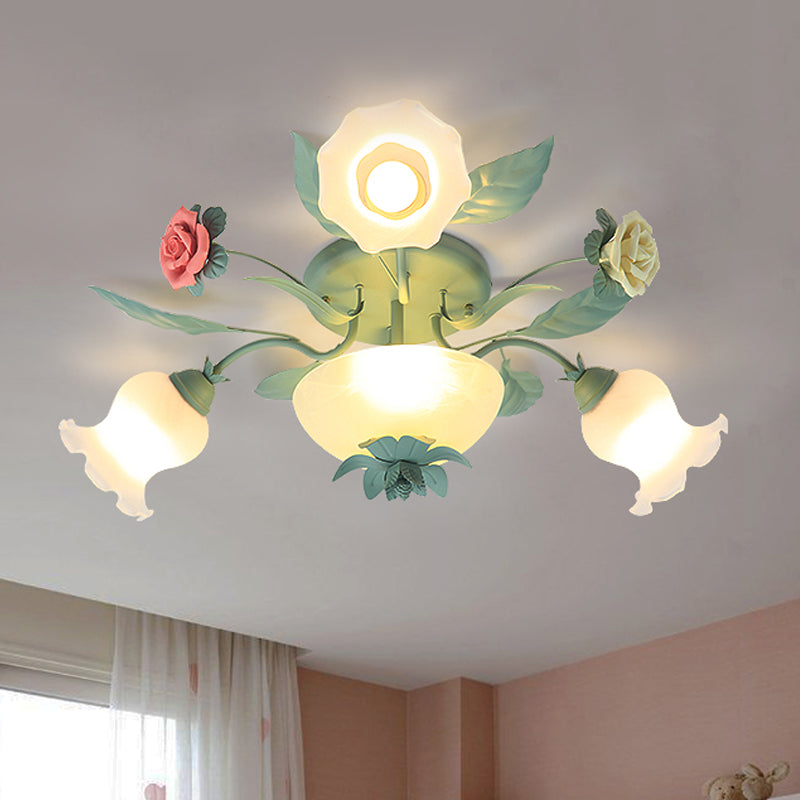 Opal Glass Blue Blossom Flush Mount Light Fixture for Living Room - 5/7/11-Light Korean Garden Style