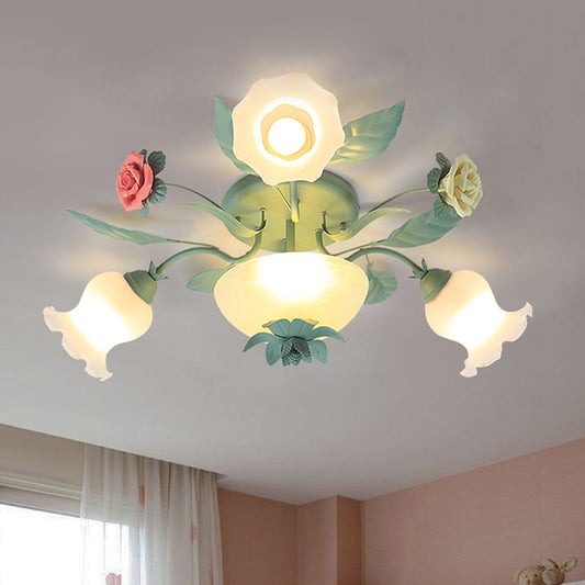 Opal Glass Blue Blossom Flush Mount Light Fixture for Living Room - 5/7/11-Light Korean Garden Style