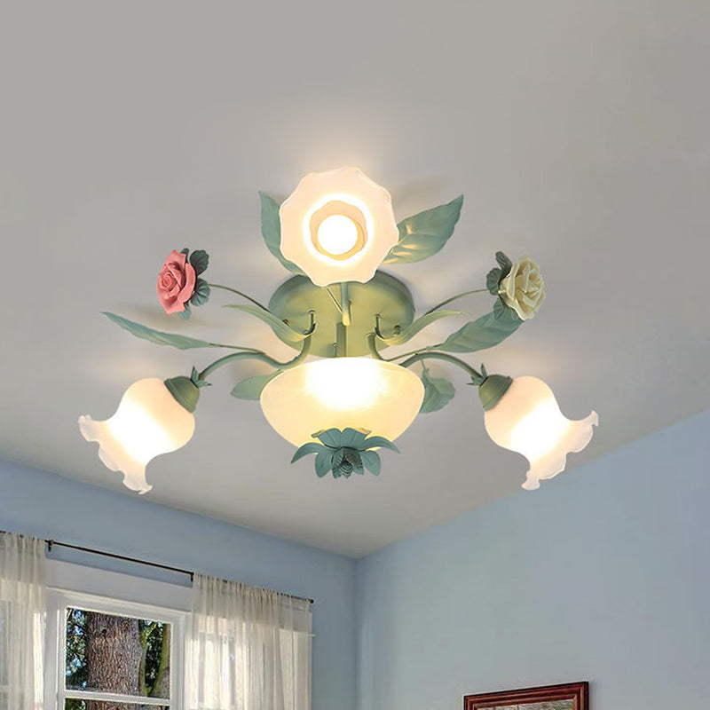 Opal Glass Blue Blossom Flush Mount Light Fixture for Living Room - 5/7/11-Light Korean Garden Style