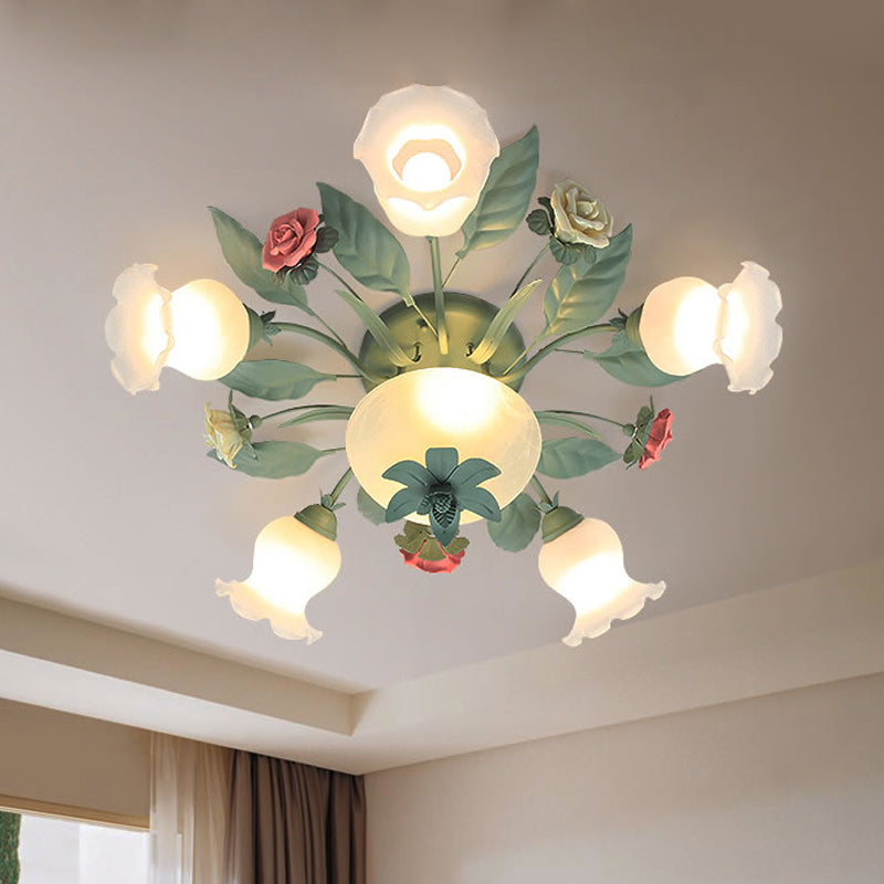 Opal Glass Blue Blossom Flush Mount Light Fixture For Living Room - 5/7/11-Light Korean Garden Style