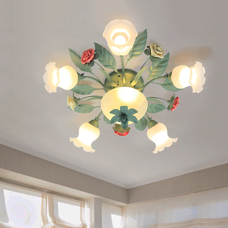 Opal Glass Blue Blossom Flush Mount Light Fixture For Living Room - 5/7/11-Light Korean Garden Style