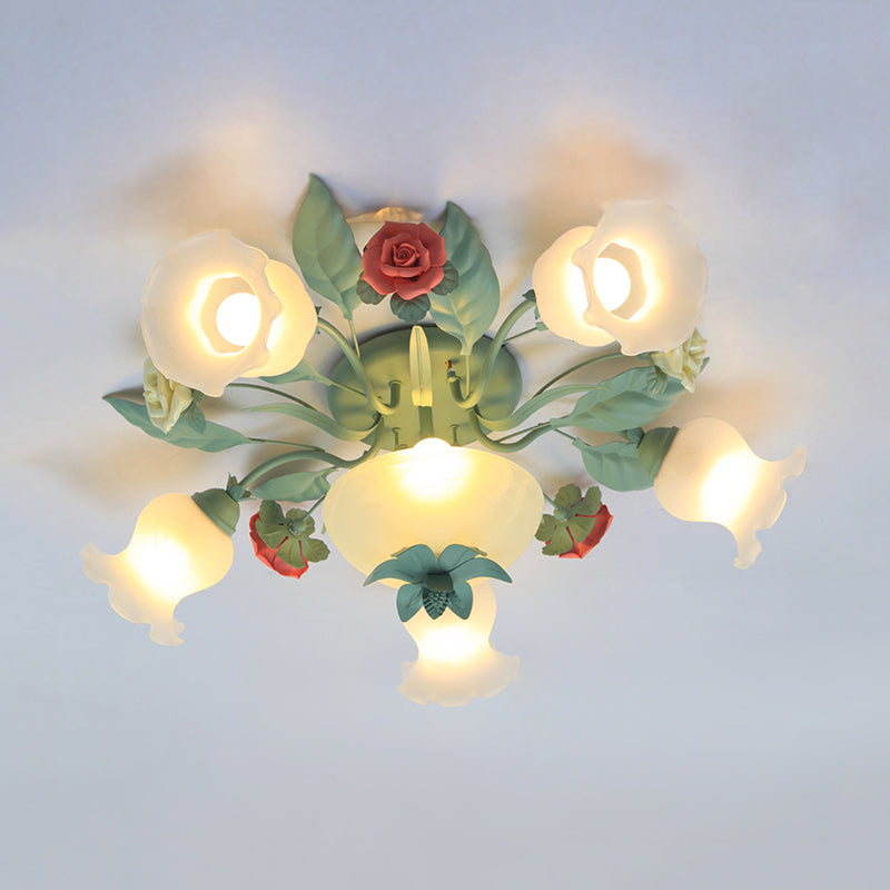 Opal Glass Blue Blossom Flush Mount Light Fixture For Living Room - 5/7/11-Light Korean Garden Style